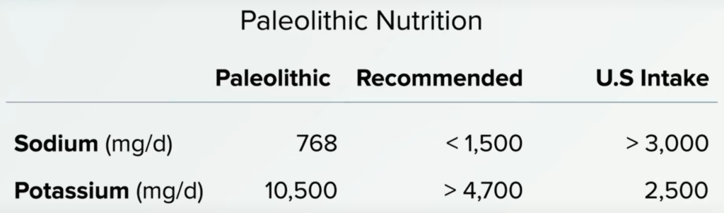 Table showing recommended and US intake of sodium and potassium