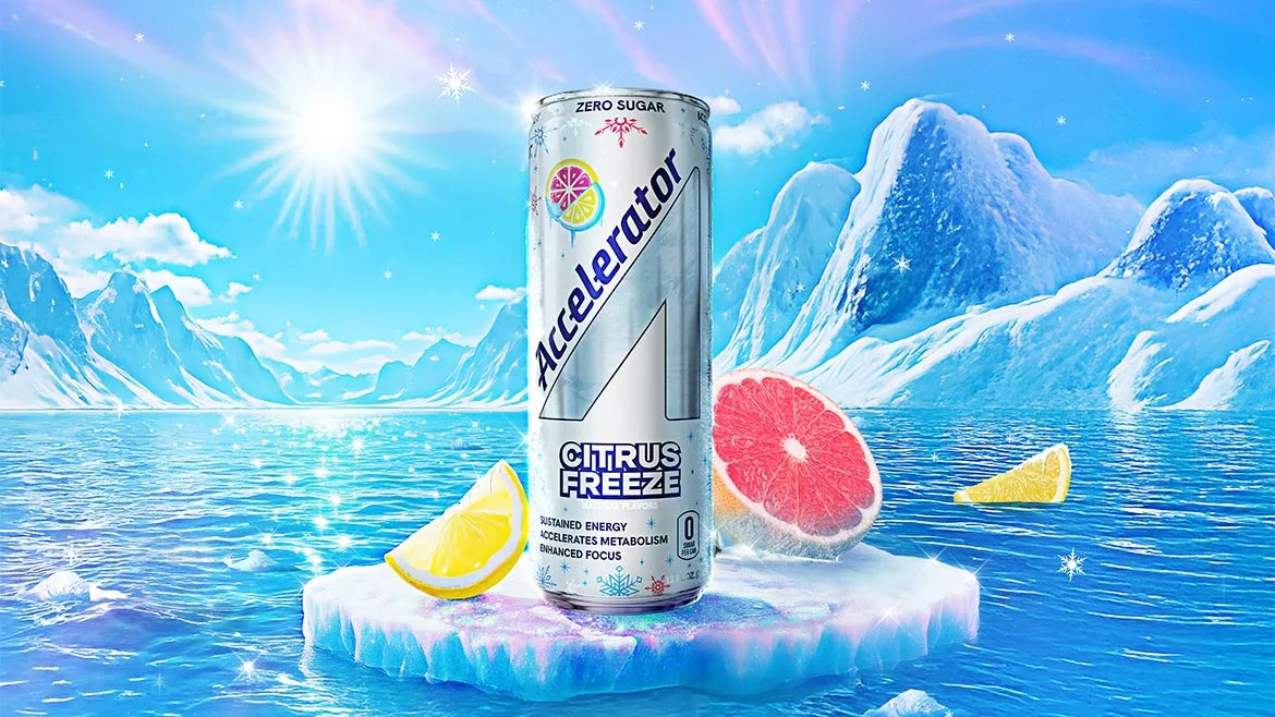 Accelerator Citrus Freeze energy drink can on ice with grapefruit and lemon, set in a bright arctic scene.