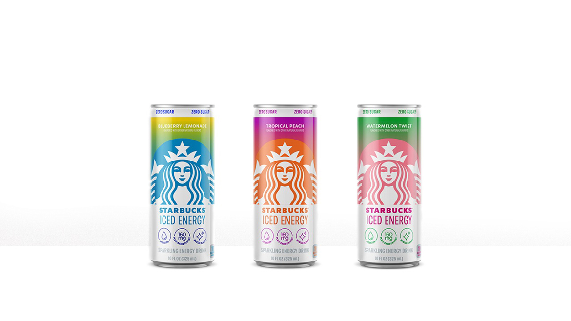 Three Starbucks Iced Energy sparkling drinks: Blueberry Lemonade, Tropical Peach, and Watermelon Twist.